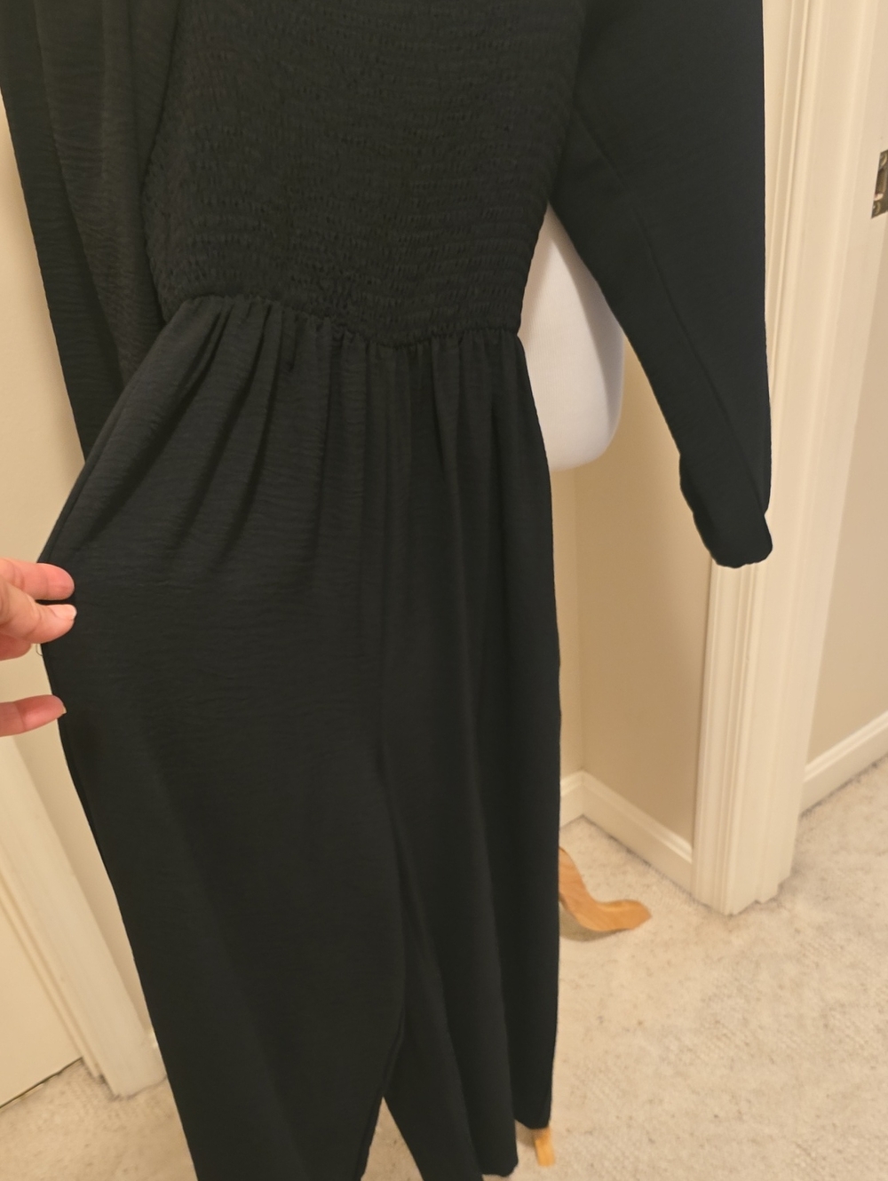 DOKOTOO Women's Black Long-Sleeve Smocked Jumpsuit